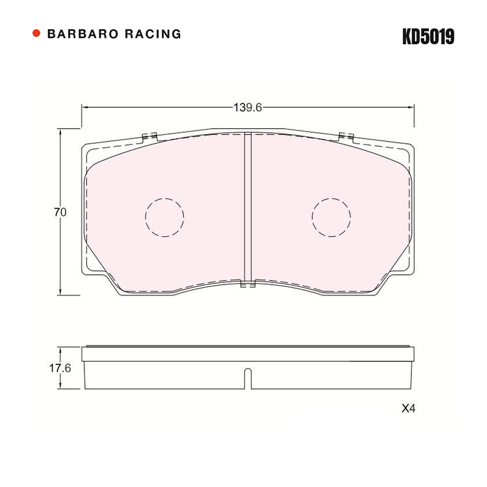 Barbaro Racing KD5019 brake pad shape drawing - 139.6 x 70 x 17.6 mm