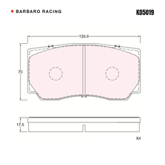 Barbaro Racing KD5019 brake pad shape drawing - 139.6 x 70 x 17.6 mm