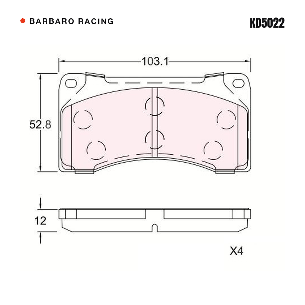 Barbaro Racing KD5022 brake pad shape drawing - 103.1 x 52.8 x 12 mm