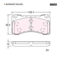 Barbaro Racing KD5022 brake pad shape drawing - 103.1 x 52.8 x 12 mm