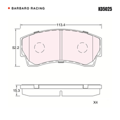 Barbaro Racing KD5025 brake pad shape drawing - 113.4 x 52.2 x 15.3 mm
