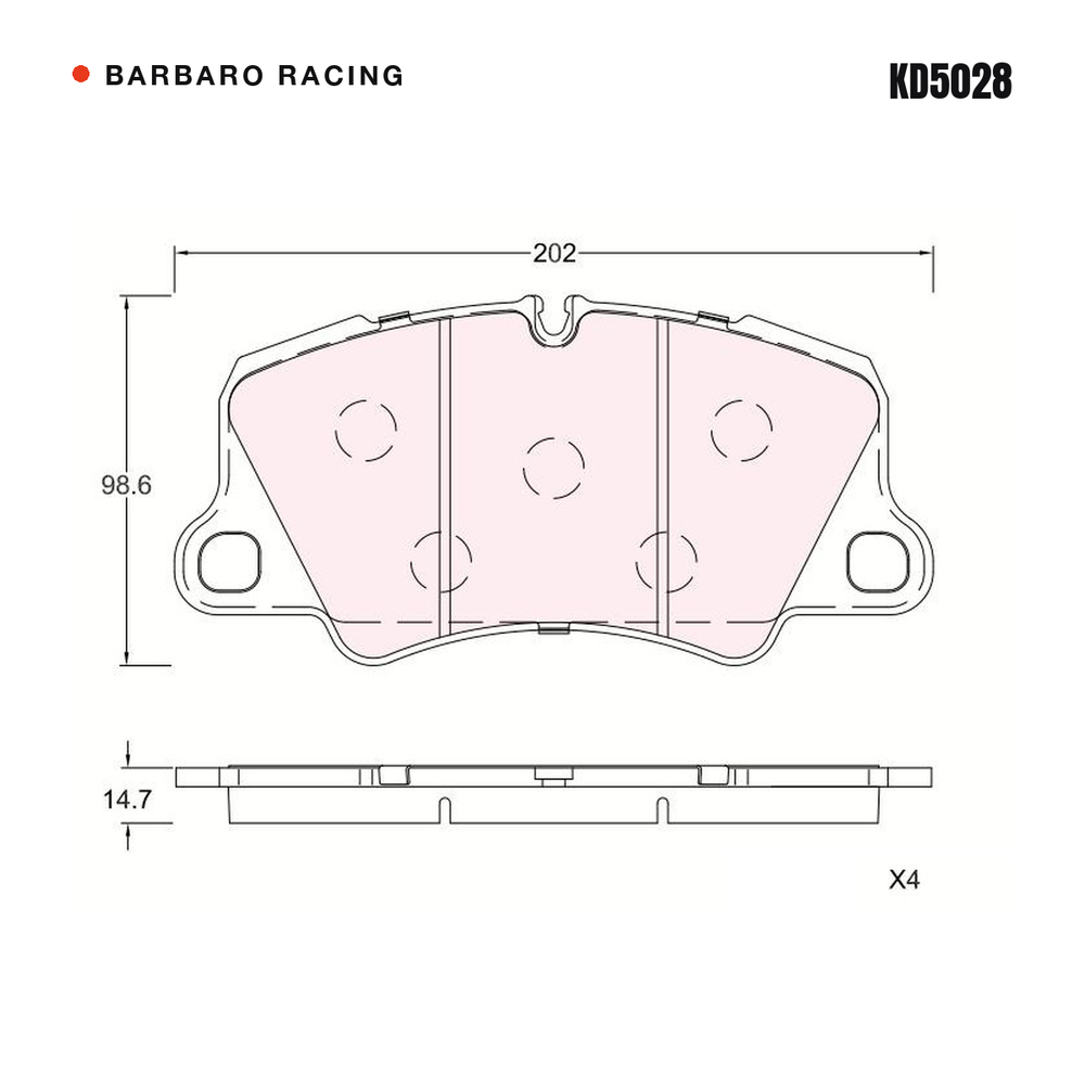 Barbaro Racing KD5028 brake pad shape drawing - 202 x 98.6 x 14.7 mm