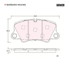 Barbaro Racing KD5028 brake pad shape drawing - 202 x 98.6 x 14.7 mm
