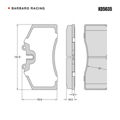 Barbaro Racing KD5035 brake pad shape drawing - 131.9 x 70.9 x 16.5 mm