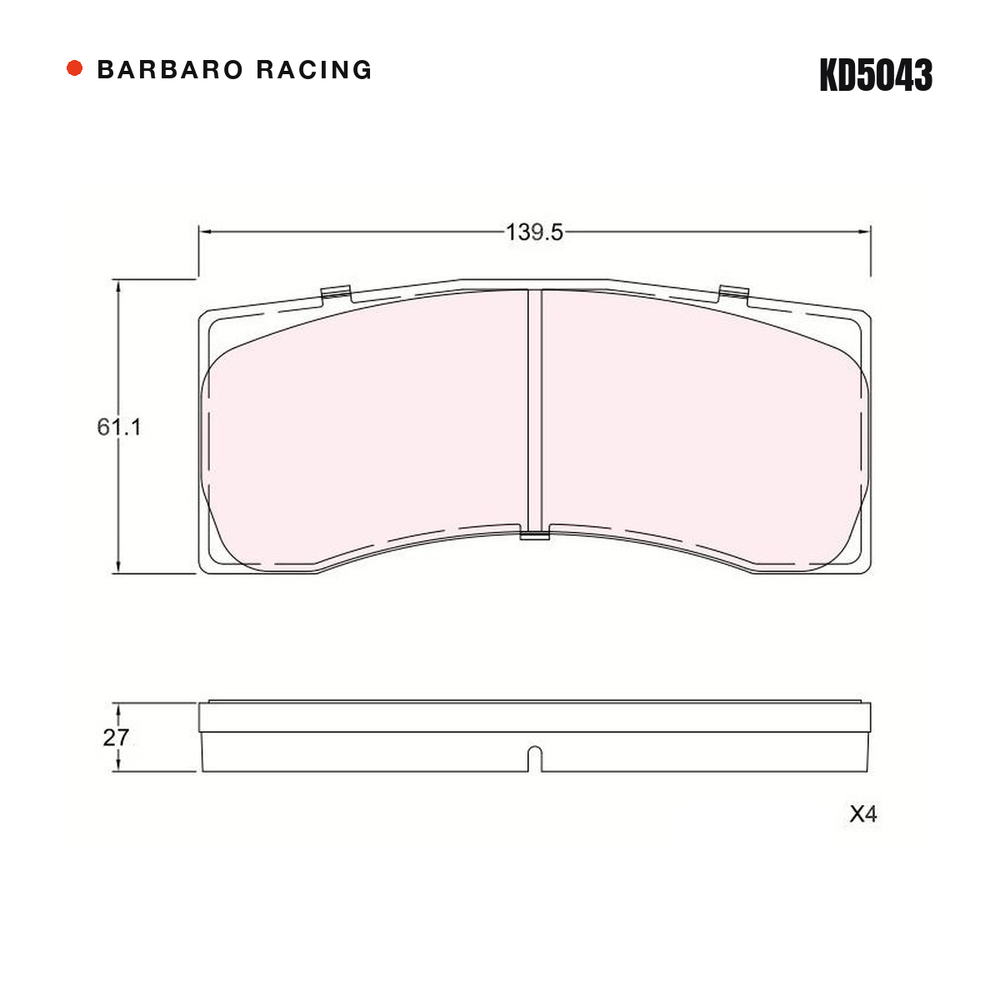 Barbaro Racing KD5043 brake pad shape drawing - 139.5 x 61.1 x 27 mm