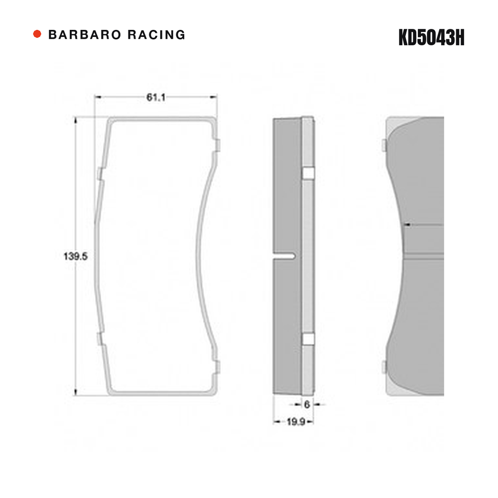 Barbaro Racing KD5043H brake pad shape drawing - 139.5 x 61.1 x 19.9 mm