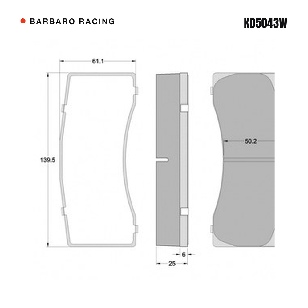 Barbaro Racing KD5043W brake pad shape drawing - 139.5 x 61.1 x 25 mm