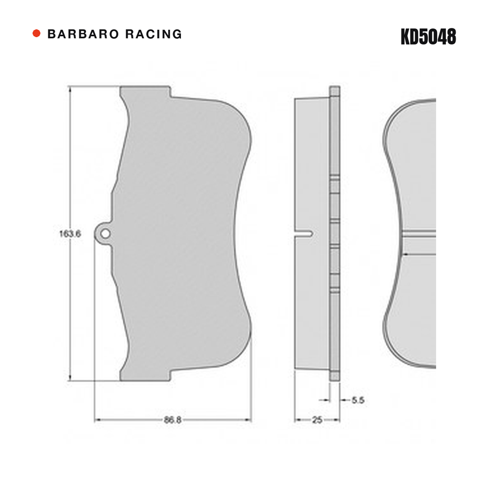 Barbaro Racing KD5048 brake pad shape drawing - 163.6 x 86.8 x 25 mm