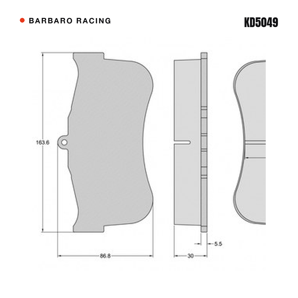 Barbaro Racing KD5049 brake pad shape drawing - 163.6 x 86.8 x 30 mm