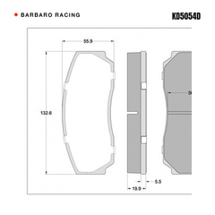 Barbaro Racing KD5054D brake pad shape drawing - 132.6 x 55.9 x 19.9 mm