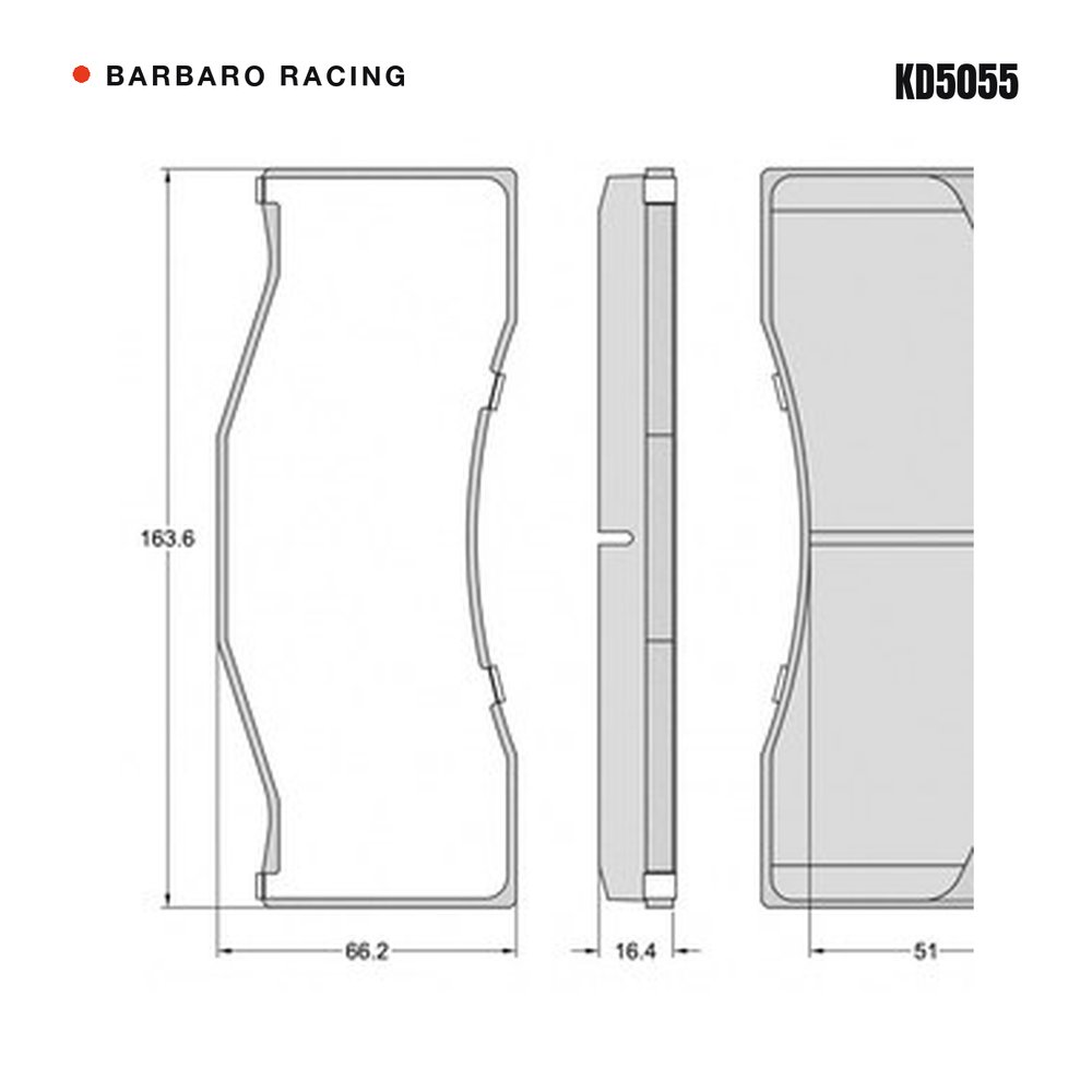 Barbaro Racing KD5055 brake pad shape drawing - 163.6 x 66.2 x 16.4 mm