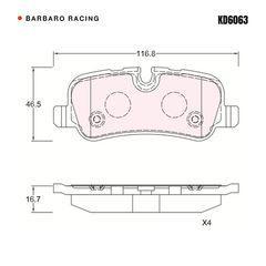 Barbaro Racing KD6063 brake pad shape drawing - 116.8 x 46.6 x 16.7 mm