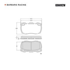 Barbaro Racing KD6092W brake pad shape drawing - 126.4 x 68.6 x 17.4 mm