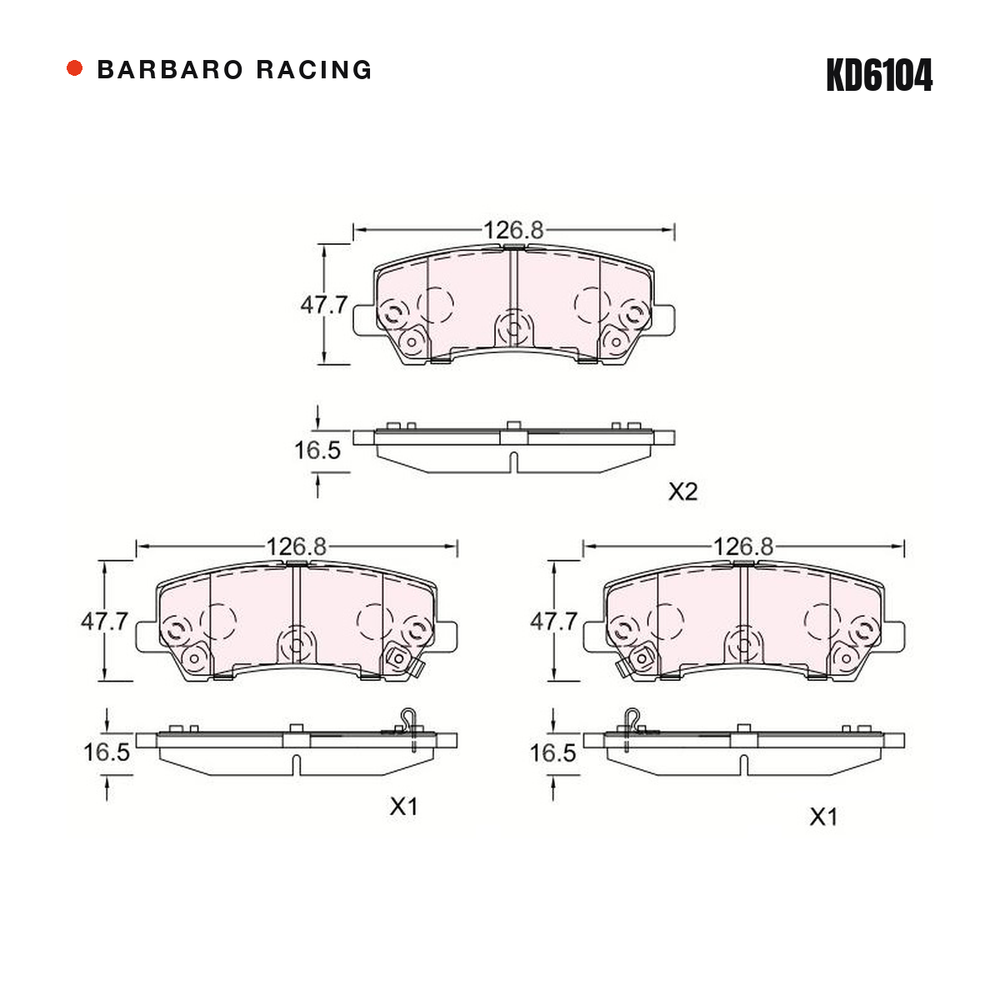 Barbaro Racing KD6104 brake pad shape drawing - 126.7 x 47.7 x 16.5 mm