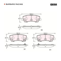 Barbaro Racing KD6104 brake pad shape drawing - 126.7 x 47.7 x 16.5 mm