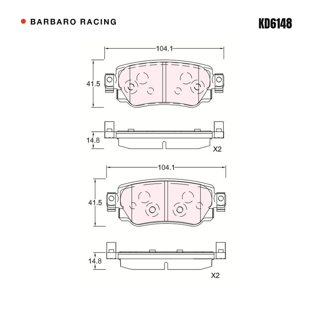 Barbaro Racing KD6148 brake pad shape drawing - 104.1 x 41.5 x 14.8 mm
