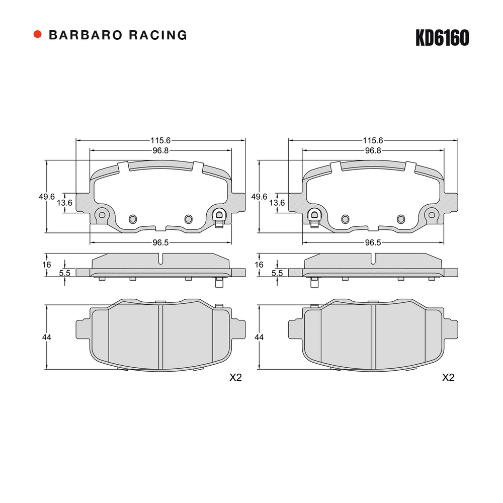 Barbaro Racing KD6160 brake pad shape drawing - 115.6 x 49.6 x 16 mm