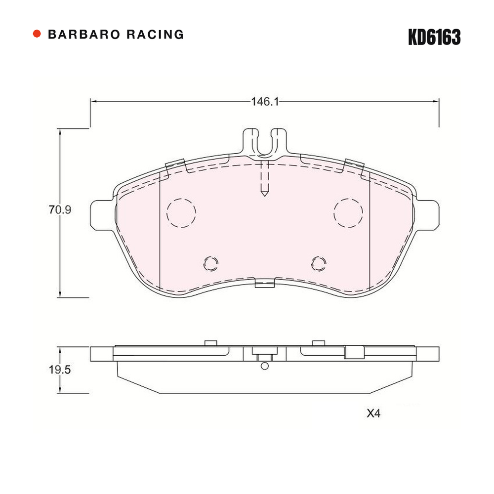 Barbaro Racing KD6163 brake pad shape drawing - 146.1 x 70.8 x 19.5 mm