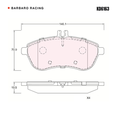 Barbaro Racing KD6163 brake pad shape drawing - 146.1 x 70.8 x 19.5 mm