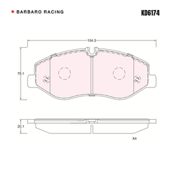 Barbaro Racing KD6174 brake pad shape drawing - 184.3 x 75.1 x 20.1 mm