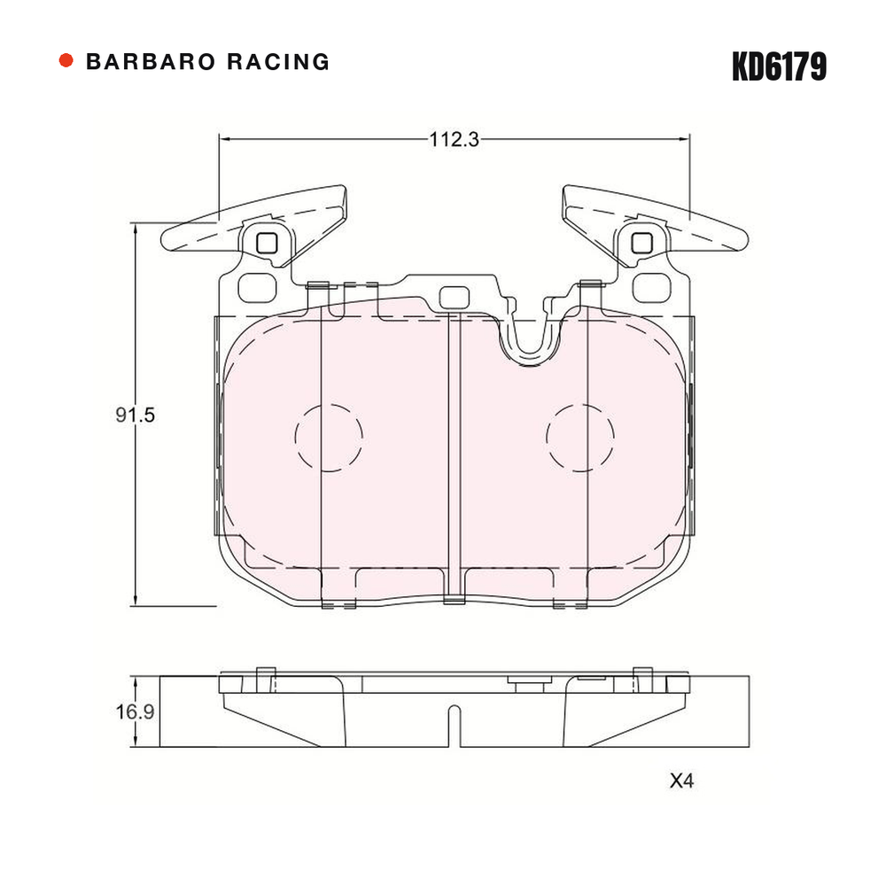 Barbaro Racing KD6179 brake pad shape drawing - 112.3 x 91.5 x 16.9 mm