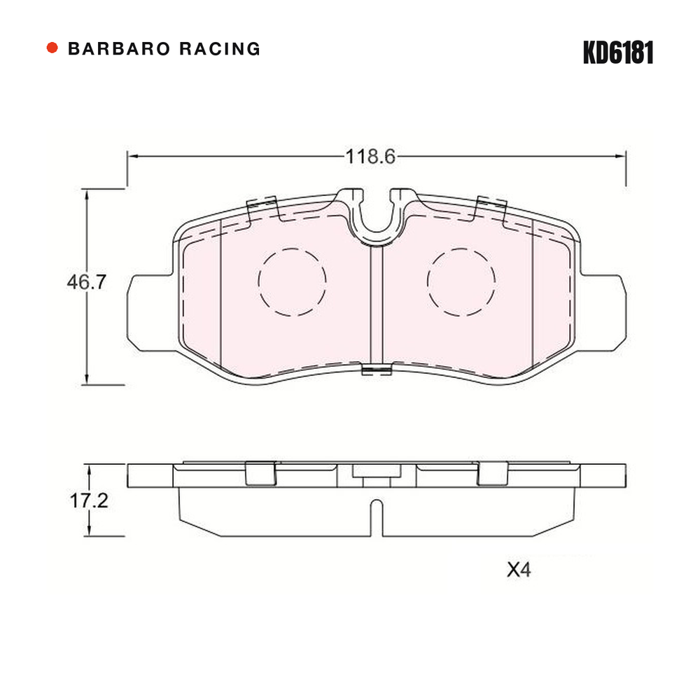 Barbaro Racing KD6181 brake pad shape drawing - 118.6 x 46.7 x 17.2 mm