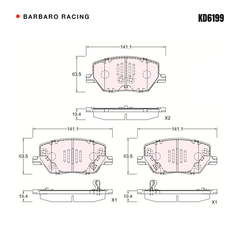 Barbaro Racing KD6199 brake pad shape drawing - 141.1 x 63.5 x 19.4 mm