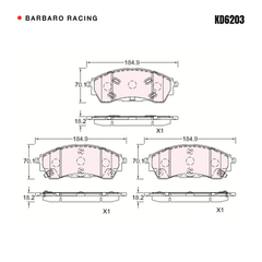 Barbaro Racing KD6203 brake pad shape drawing - 184.9 x 70.1 x 18.2 mm