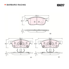 Barbaro Racing KD6217 brake pad shape drawing - 180.4 x 60.7 x 17.8 mm