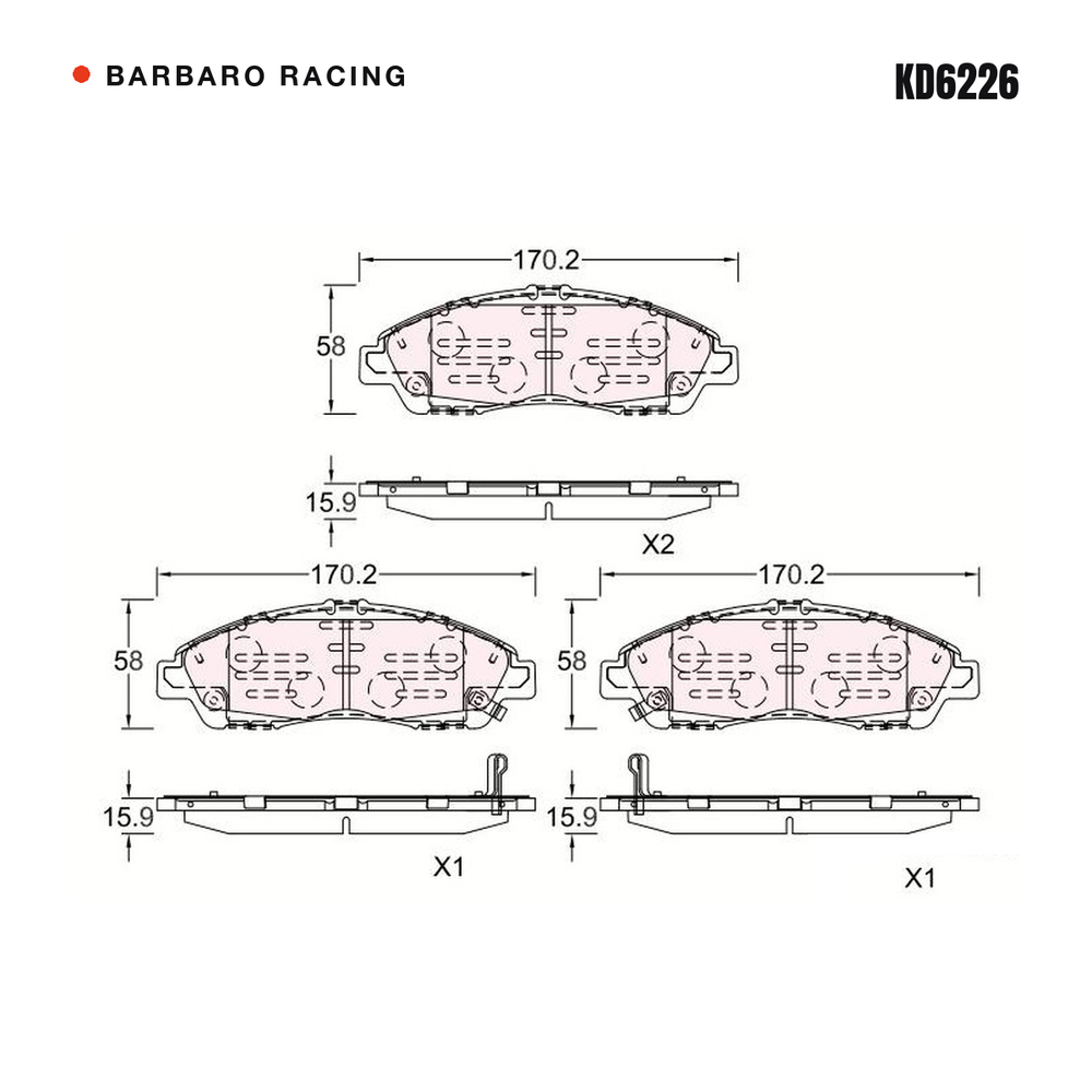 Barbaro Racing KD6226 brake pad shape drawing - 170.2 x 58 x 15.9 mm