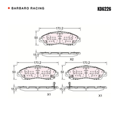 Barbaro Racing KD6226 brake pad shape drawing - 170.2 x 58 x 15.9 mm