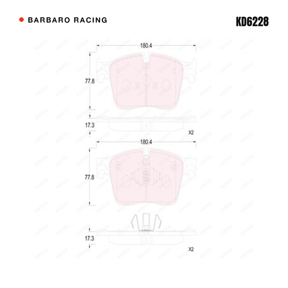 Barbaro Racing KD6228 brake pad shape drawing - 180.4 x 77.8 x 17.3 mm