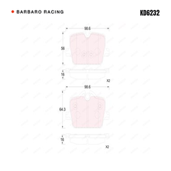 Barbaro Racing KD6232 brake pad shape drawing - 98.6 x 56 x 16 mm