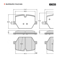 Barbaro Racing KD6235 brake pad shape drawing - 110.7 x 65.9 x 16 mm