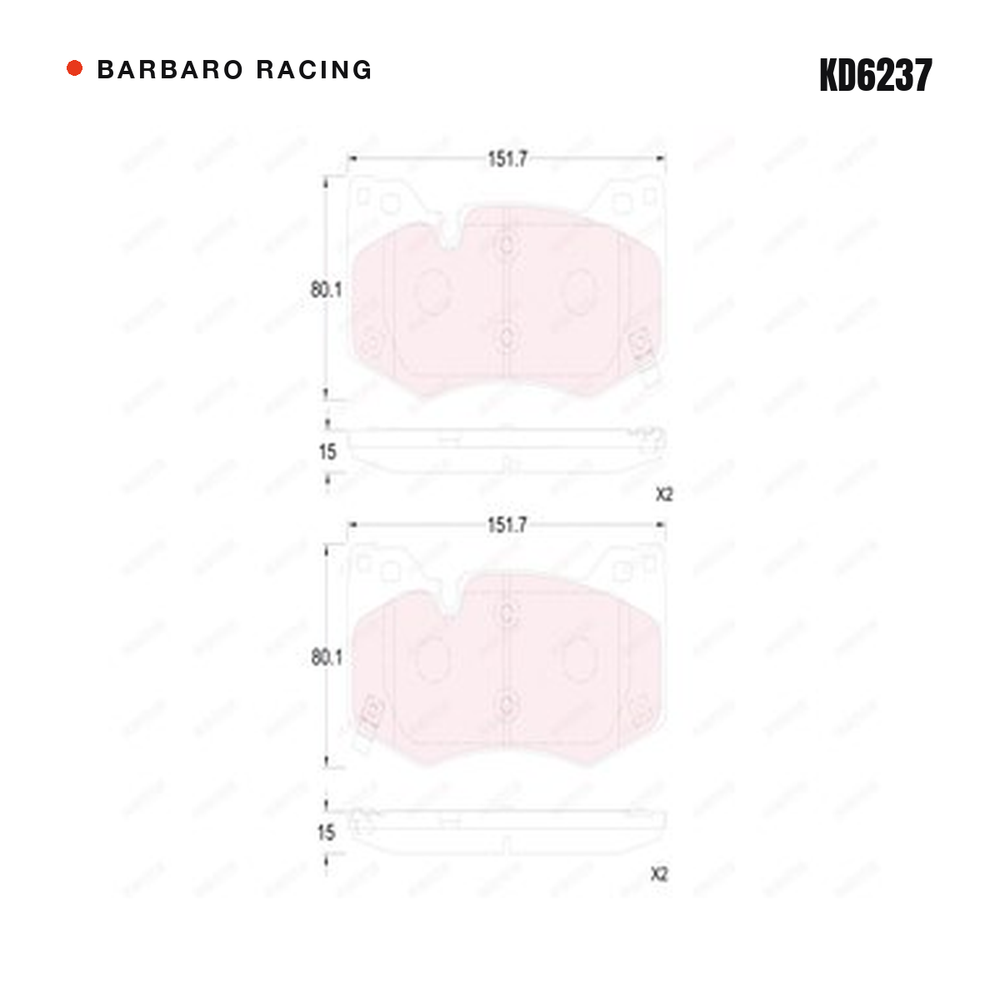 Barbaro Racing KD6237 brake pad shape drawing - 151.7 x 80.1 x 15 mm