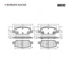 Barbaro Racing KD6242 brake pad shape drawing - 133 x 49.4 x 15 mm