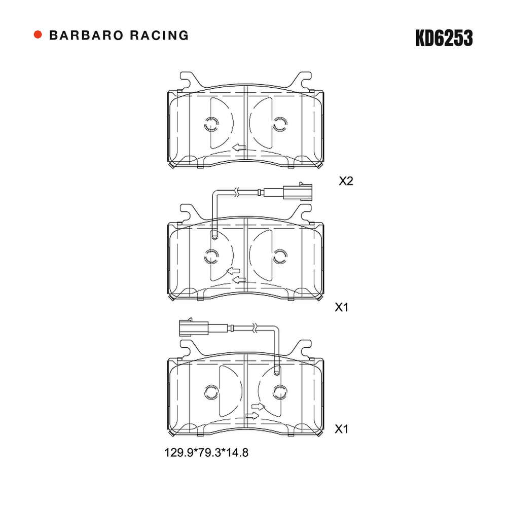 Barbaro Racing KD6253 brake pad shape drawing - 129.9 x 79.3 x 14.8 mm