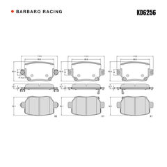 Barbaro Racing KD6256 brake pad shape drawing - 112.6 x 60.5 x 15.7 mm