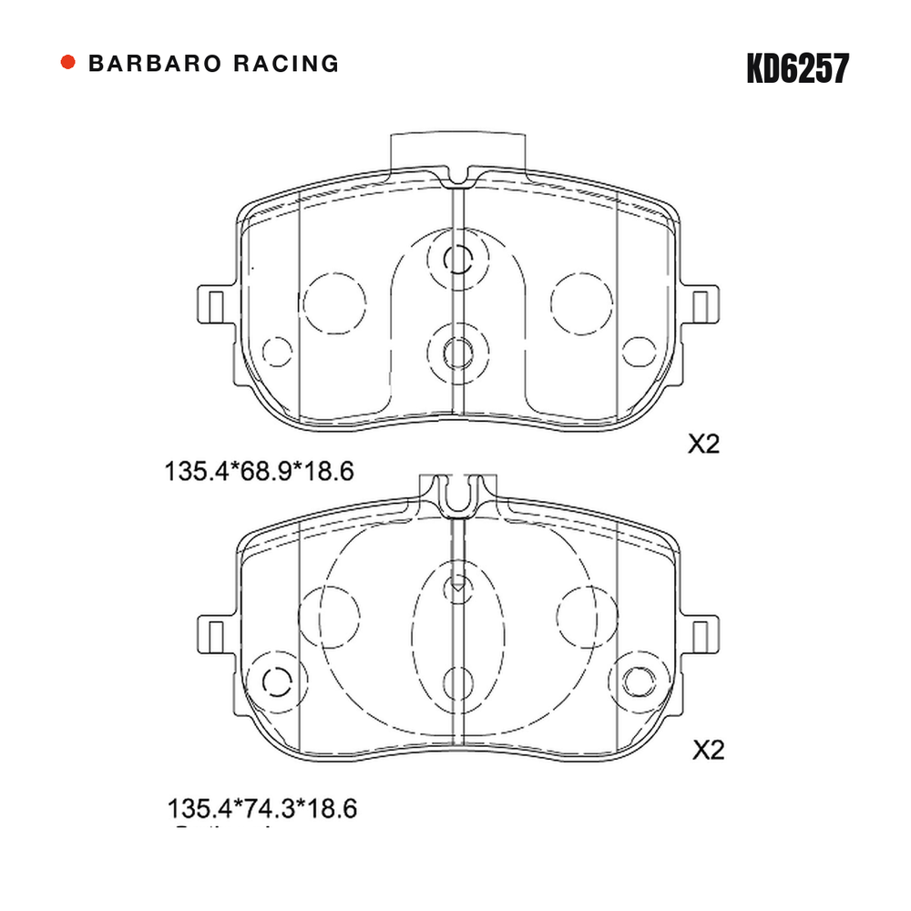 Barbaro Racing KD6257 brake pad shape drawing - 135.4 x 68.9 x 18.6 mm