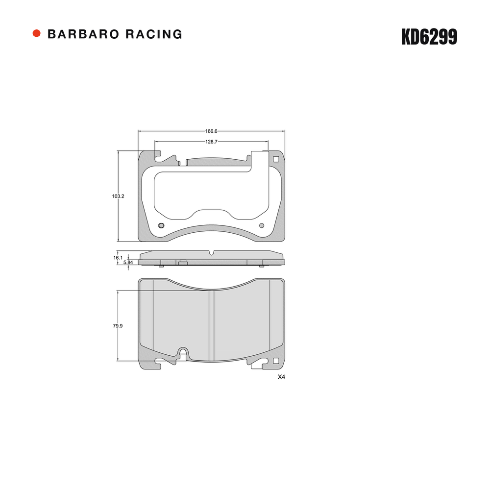 Barbaro Racing KD6299 brake pad shape drawing - 166.6 x 103.2 x 16.1 mm