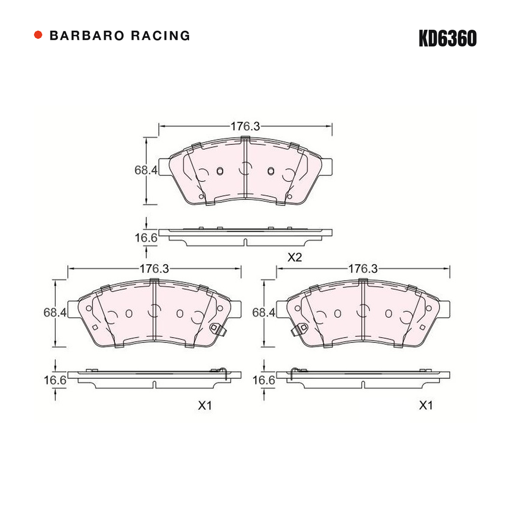Barbaro Racing KD6360 brake pad shape drawing - 176.3 x 68.4 x 16.6 mm