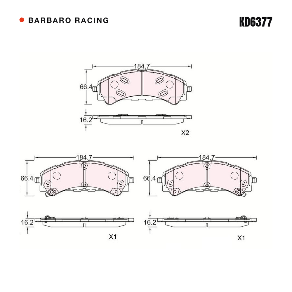 Barbaro Racing KD6377 brake pad shape drawing - 184.7 x 66.4 x 16.2 mm
