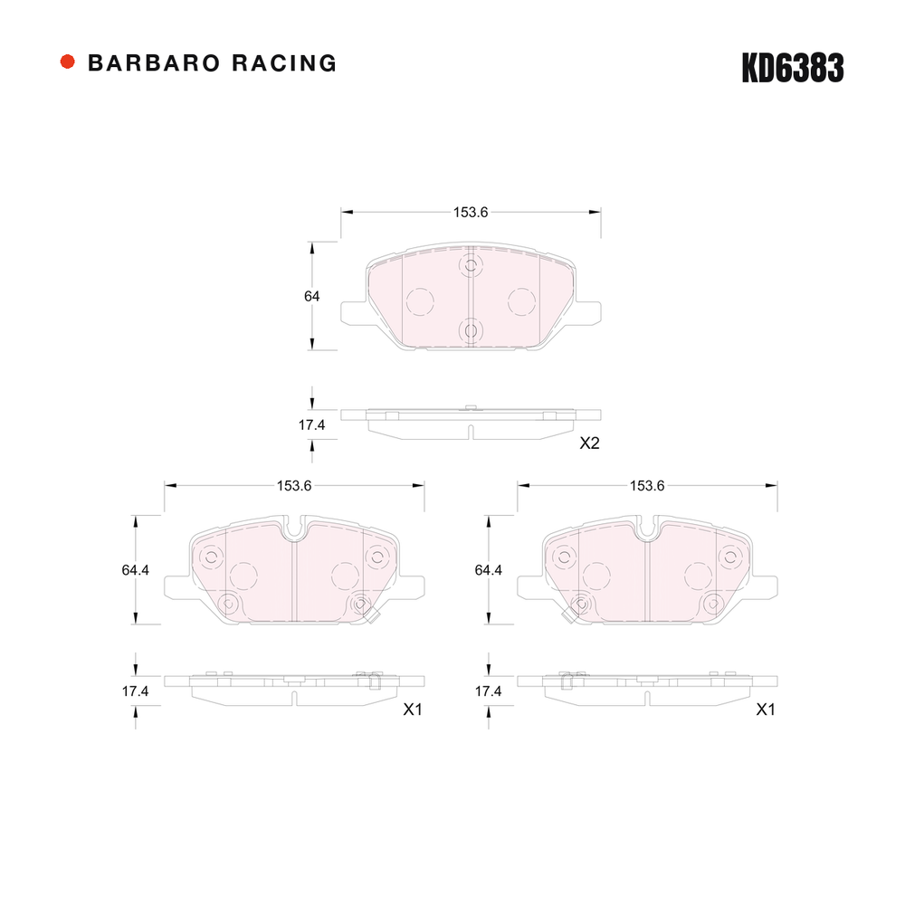 Barbaro Racing KD6383 brake pad shape drawing - 153.6 x 64.4 x 17.4 mm