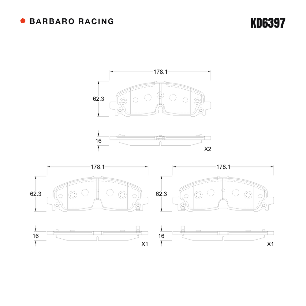 Barbaro Racing KD6397 brake pad shape drawing - 178.1 x 62.3 x 16 mm