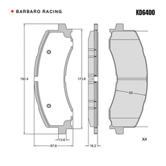 Barbaro Racing KD6400 brake pad shape drawing - 192.4 x 67.8 x 16.2 mm