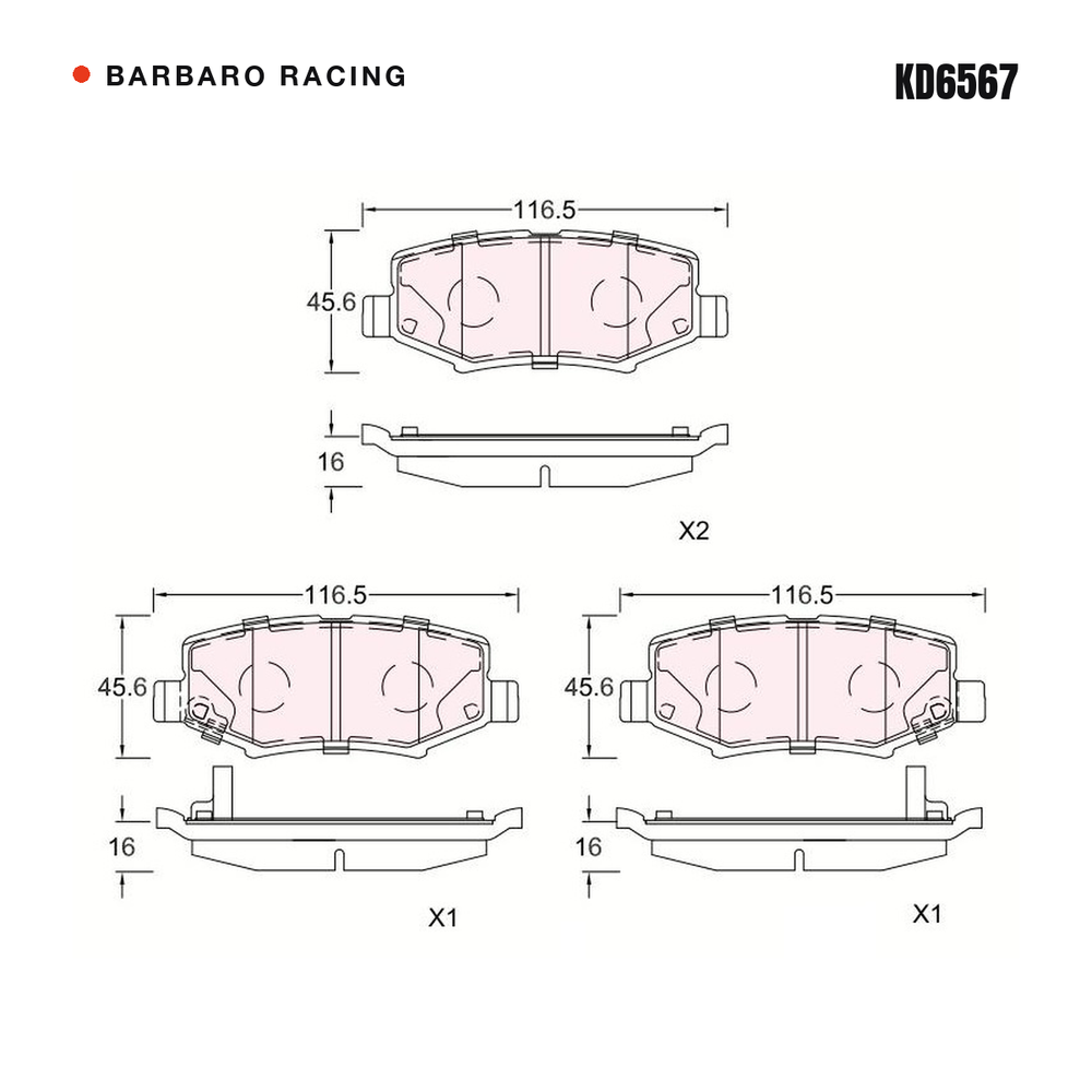 Barbaro Racing KD6567 brake pad shape drawing - 116.5 x 45.6 x 16 mm