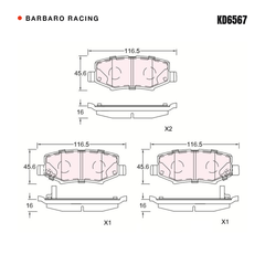 Barbaro Racing KD6567 brake pad shape drawing - 116.5 x 45.6 x 16 mm