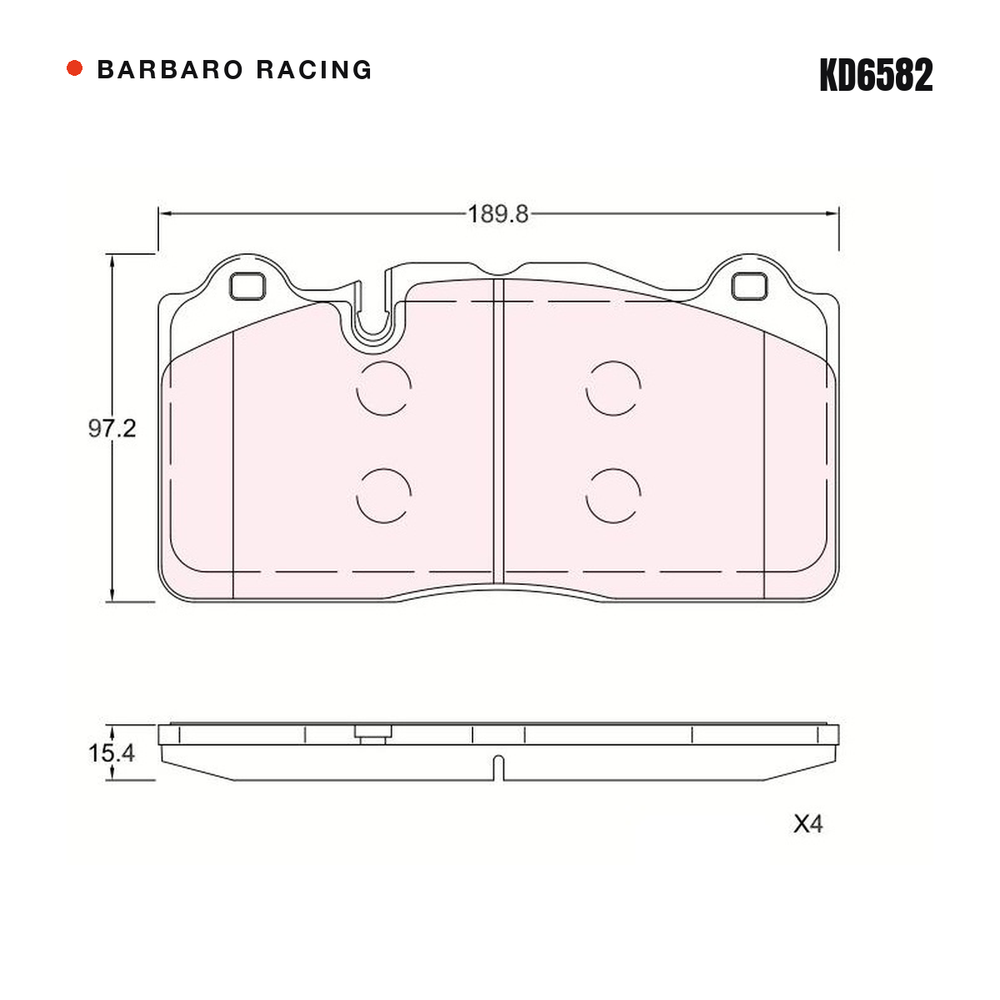 Barbaro Racing KD6582 brake pad shape drawing - 189.8 x 97.2 x 15.2 mm