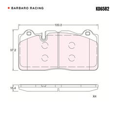 Barbaro Racing KD6582 brake pad shape drawing - 189.8 x 97.2 x 15.2 mm