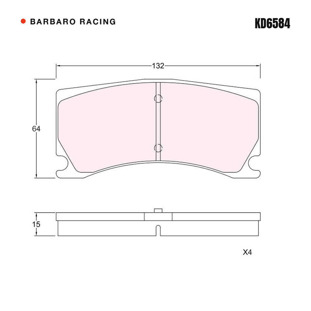 Barbaro Racing KD6584 brake pad shape drawing - 132 x 64 x 15 mm